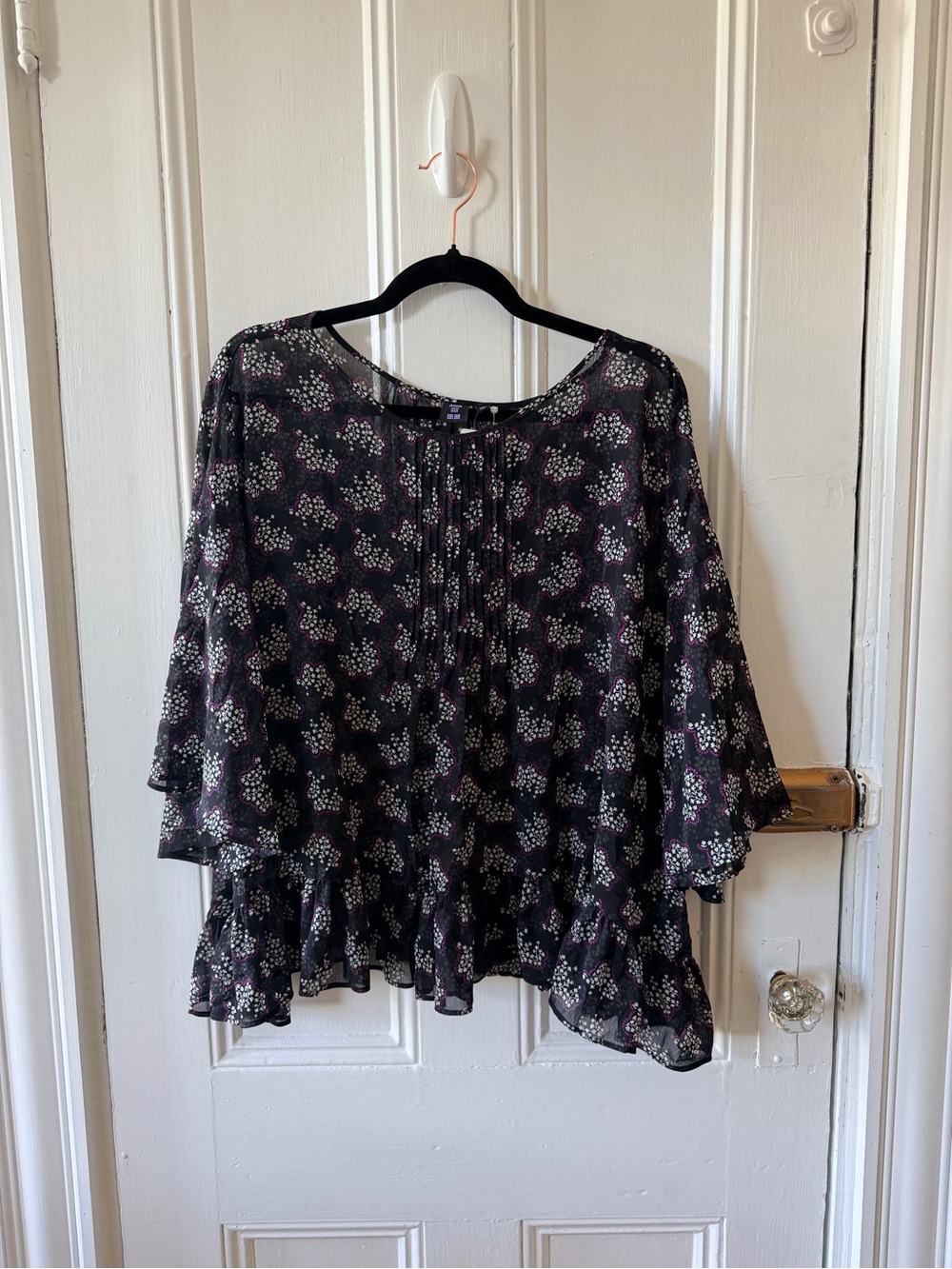Anna Sui Black Floral Pintuck Ruffle Blouse